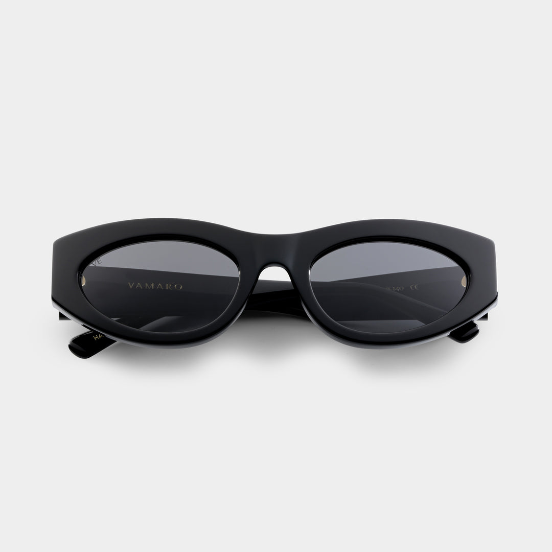 Black sunglasses with a brand name on a light gray background